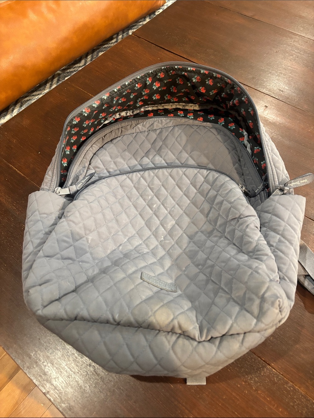 Vera Bradley Light Gray Quilted Kids Puffer Jacket with Floral Hood Lining